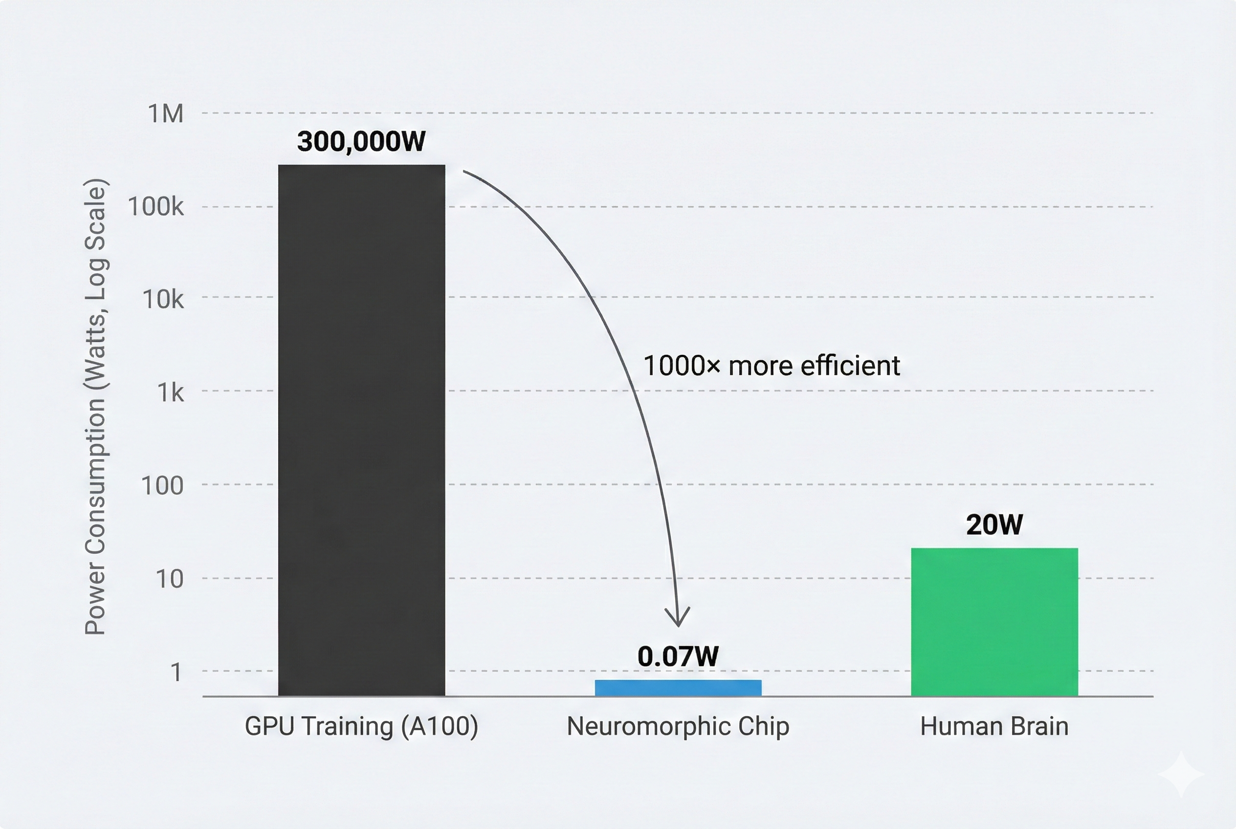 Power consumption comparison chart showing GPU vs Neuromorphic vs Brain on logarithmic scale
